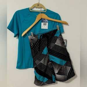 NWT Kanu Boy’s Multicolor Board Shorts (10/12) AND Aqua Rash Guard T-Shirt (10)
